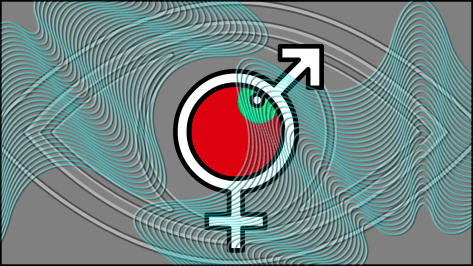 FEMALE-MALE SYMBOLS MERGED OVER EYE DESIGN WITH BRUSH WAVES-V-1B